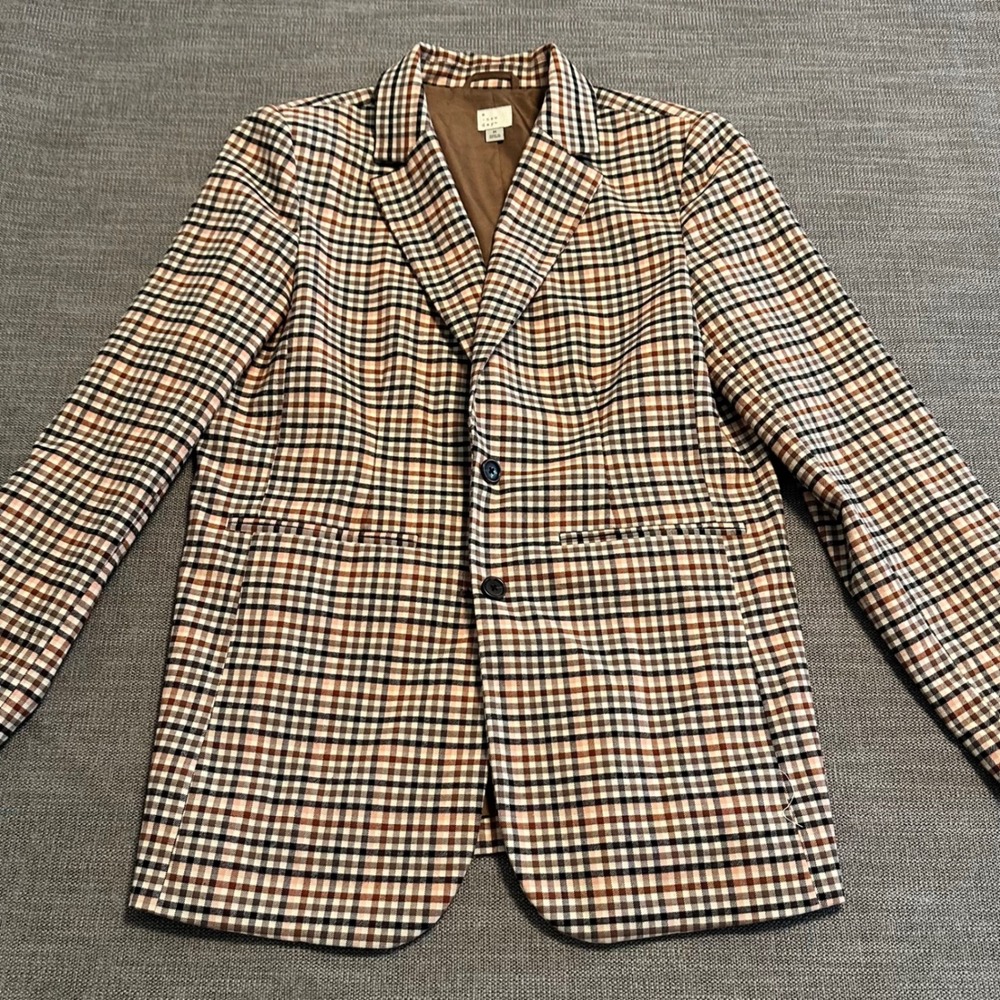 A New Day Blazer Women Medium Brown Plaid  Two Button Tailored Jacket